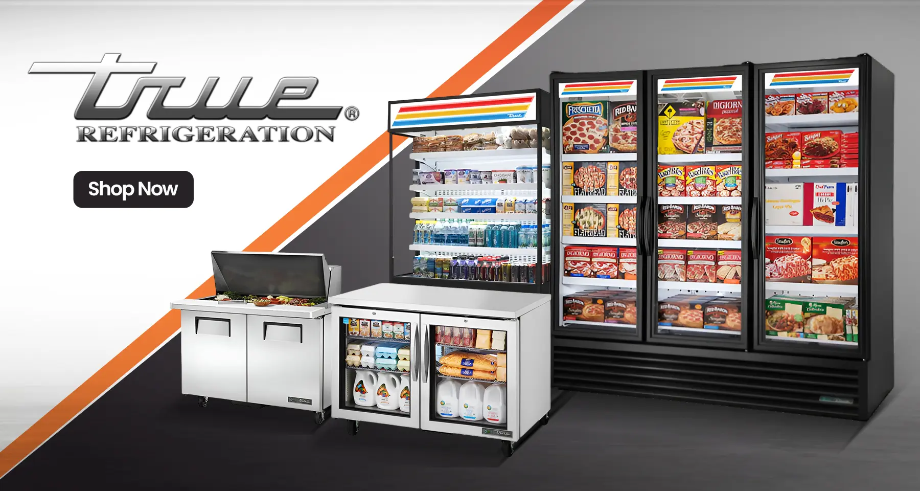 True Refrigeration commercial refrigerators and freezers displaying beverages, dairy and frozen food products on white and black background.